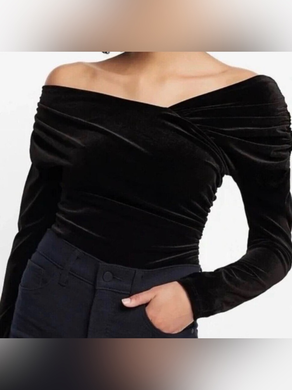 Express Off-Shoulder Black Velvet Long-Sleeve Bodysuit - size medium